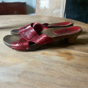 Red leather wooden clogs heels